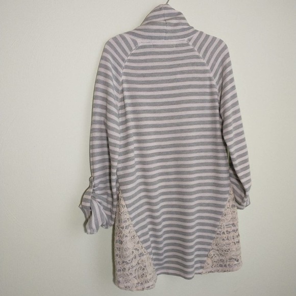 French Laundry Gray White Stripe Terry Longline Drawstring Neck Longsleeve top M - Picture 14 of 16
